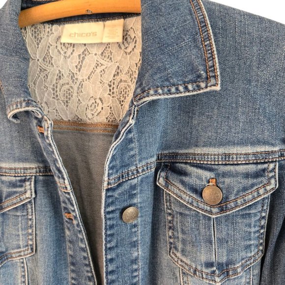 Chicos Size 2 Womens Medium Blue Denim Jacket Rounded Hem Lace Detail - Picture 6 of 10